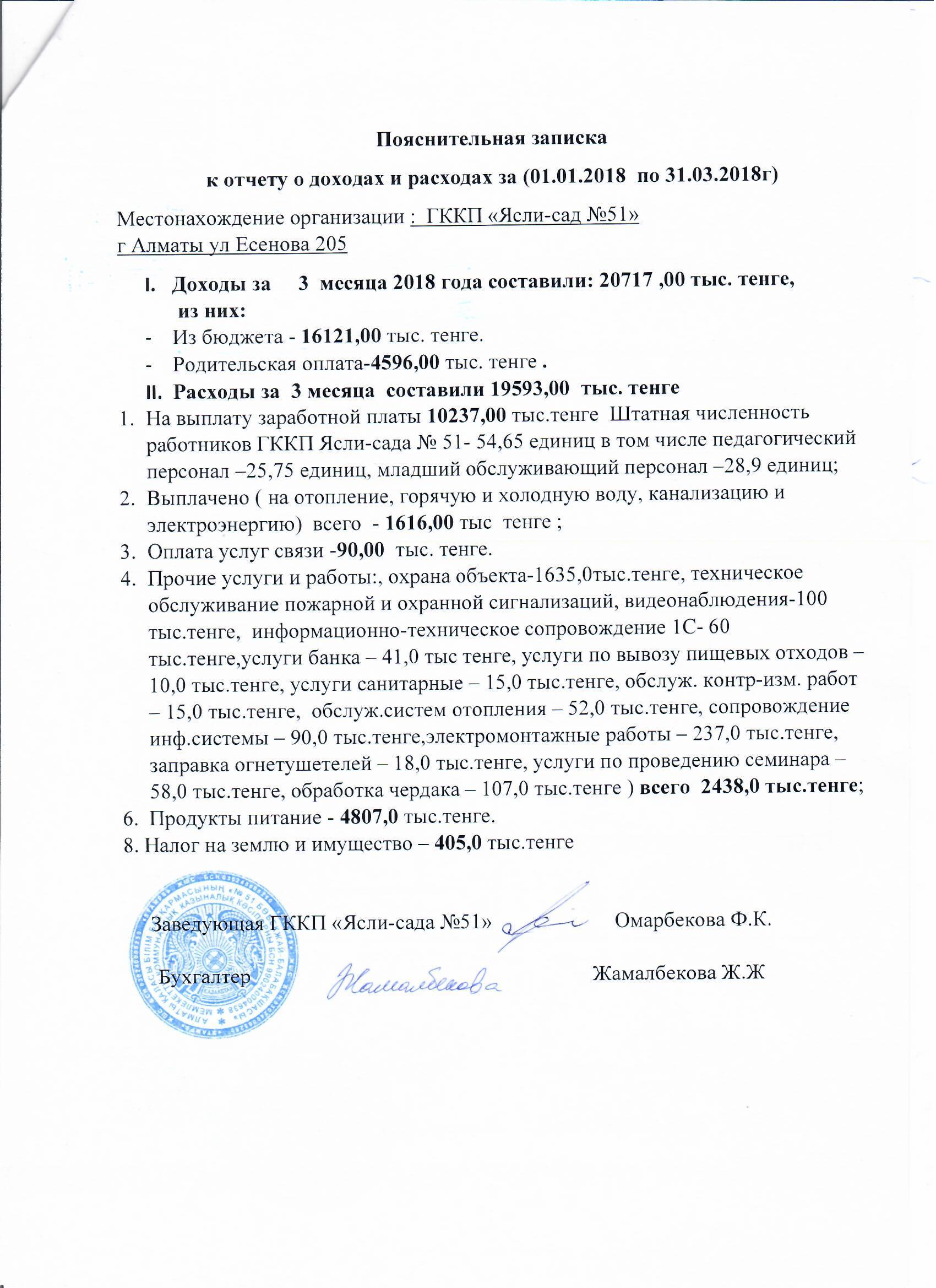 Отчет о доходах и расходах за 1 квартал 2018