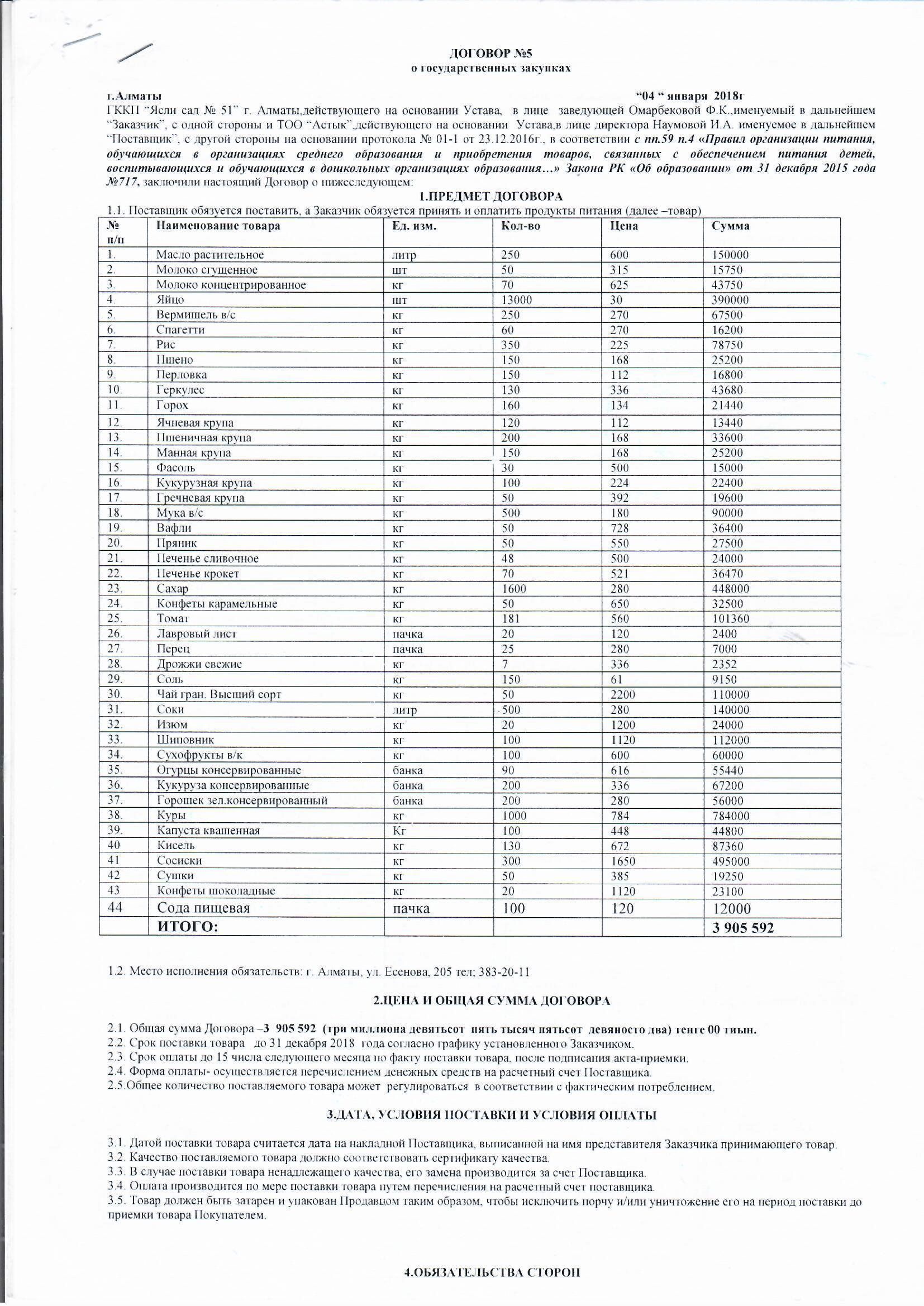 Договор питания ТОО "Астык" за 2018