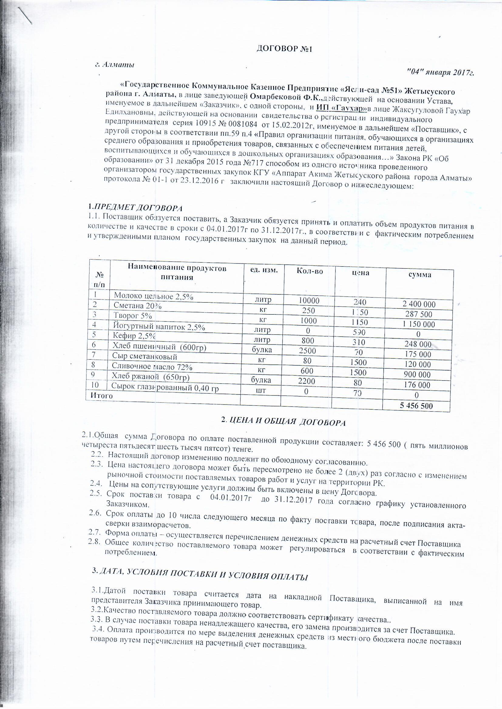 Договор питания ИП "ГАУХАР" за 2018