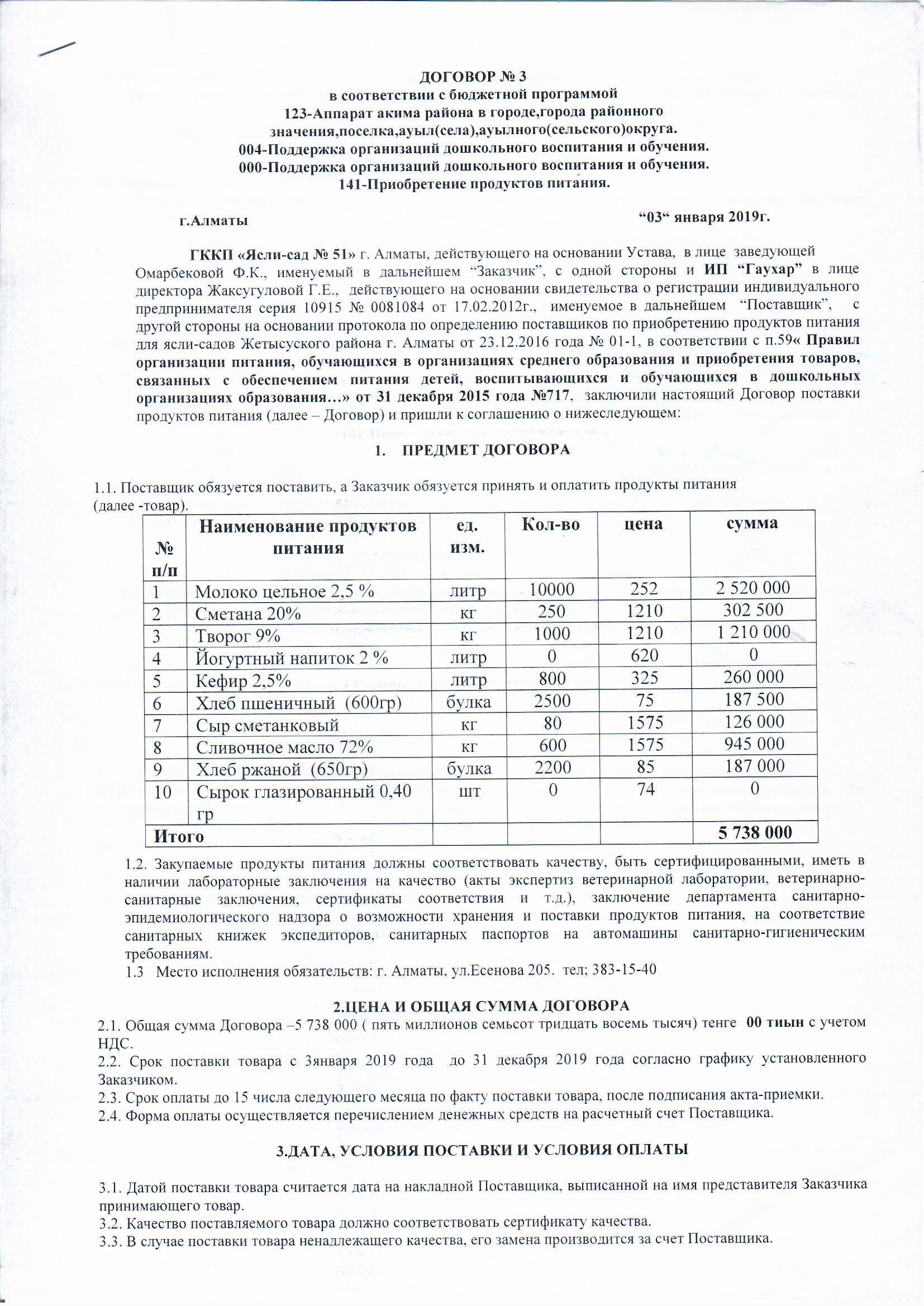 Договор питания ИП "ГАУХАР" за 2019