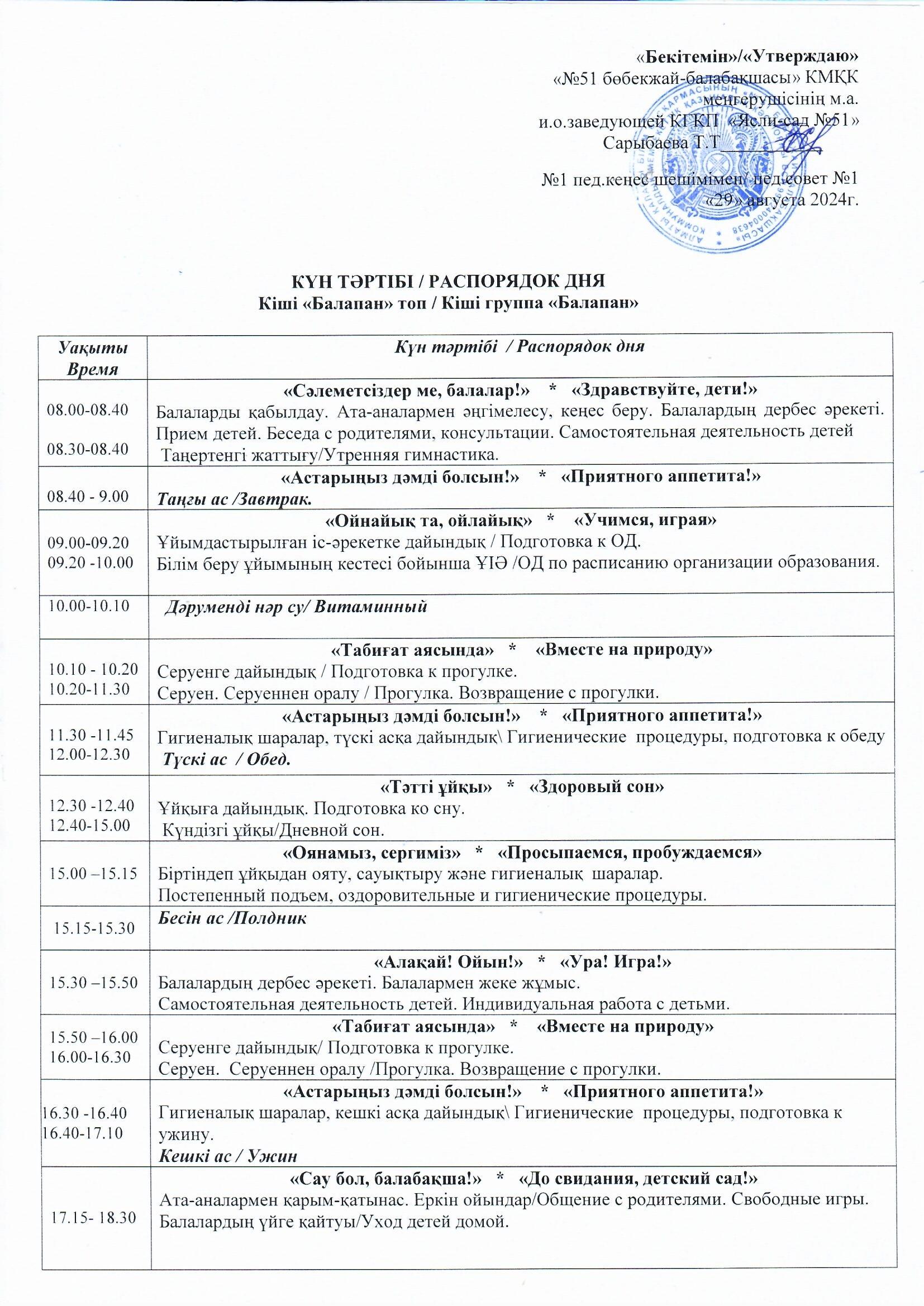 Күн тәртібі 2024-2025 оқу жылы