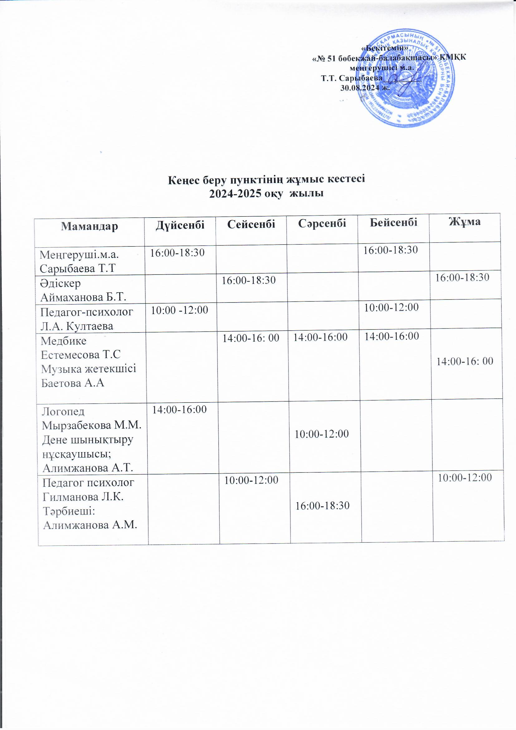Кеңес беру орталығы. Жұмыс кестесі