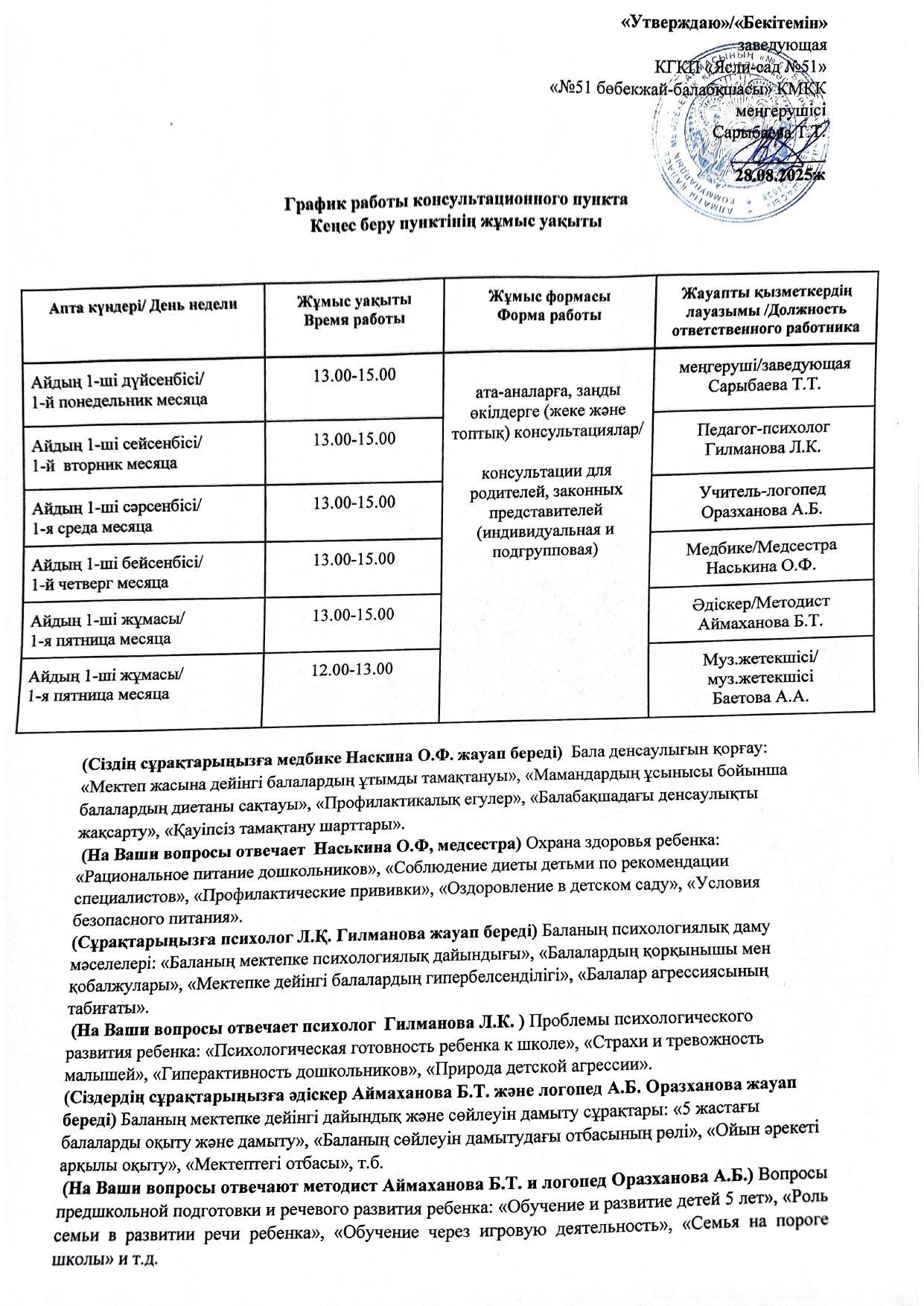 Кеңес беру орталығының жұмыс уақыты. 2025-2026 оқу жылы
